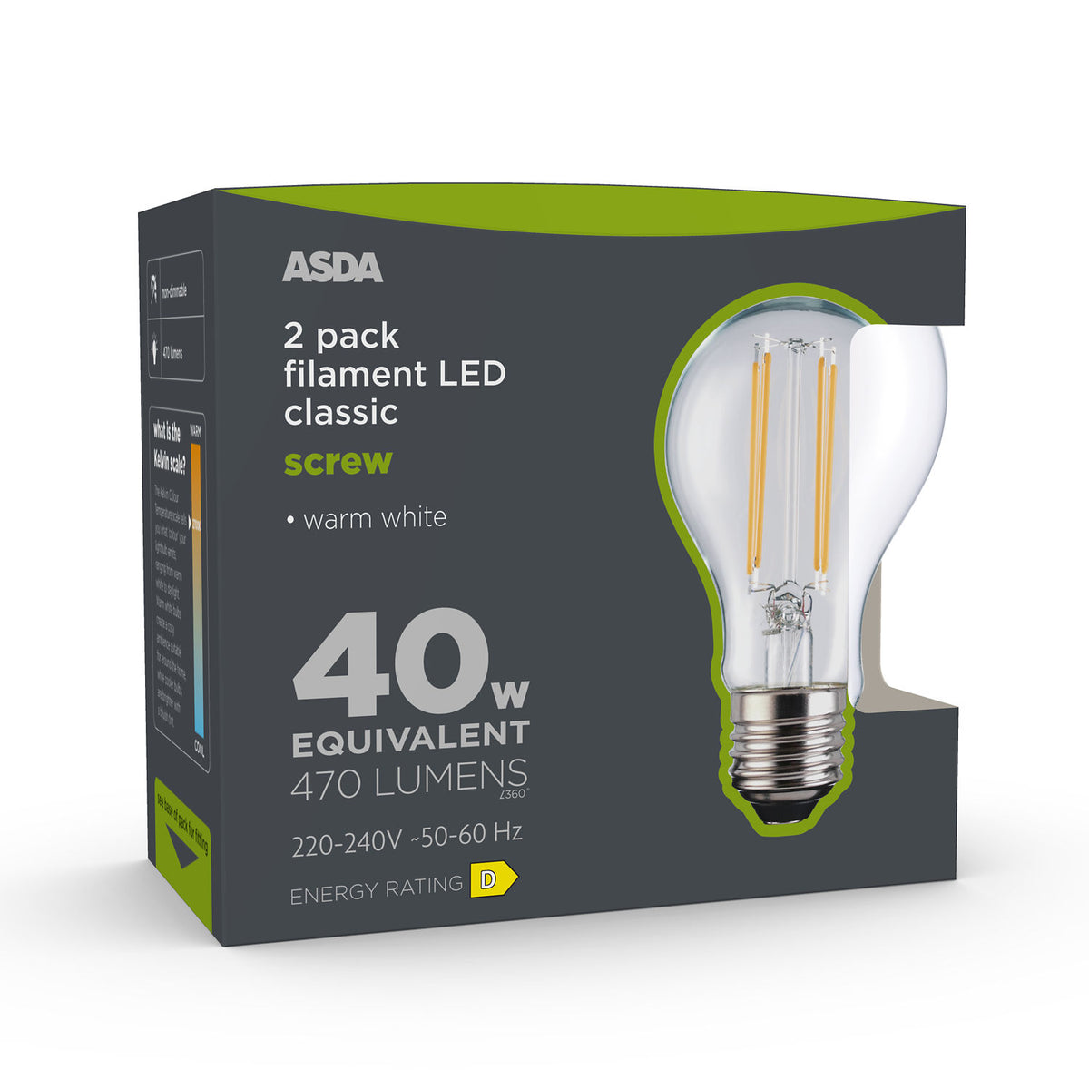ASDA clear filament lightbulb warm white 2 pack, UK version