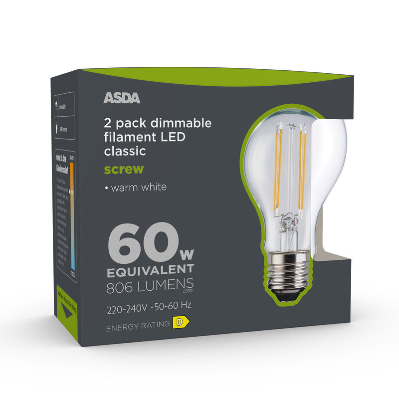 ASDA clear filament dimmable bulb 2 pack 60W, UK version