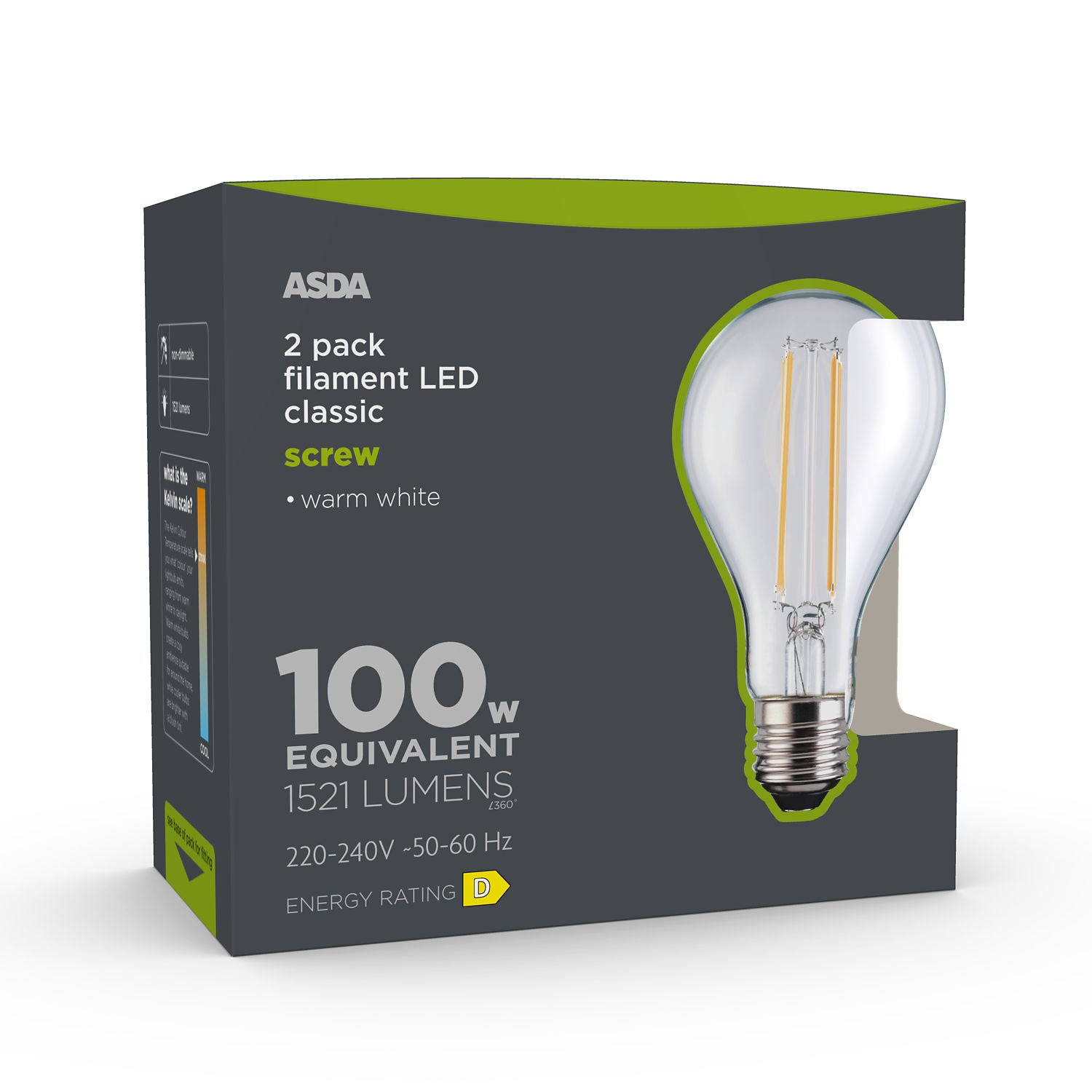 ASDA LED filament bulb warm white 100W 2-pack, UK version