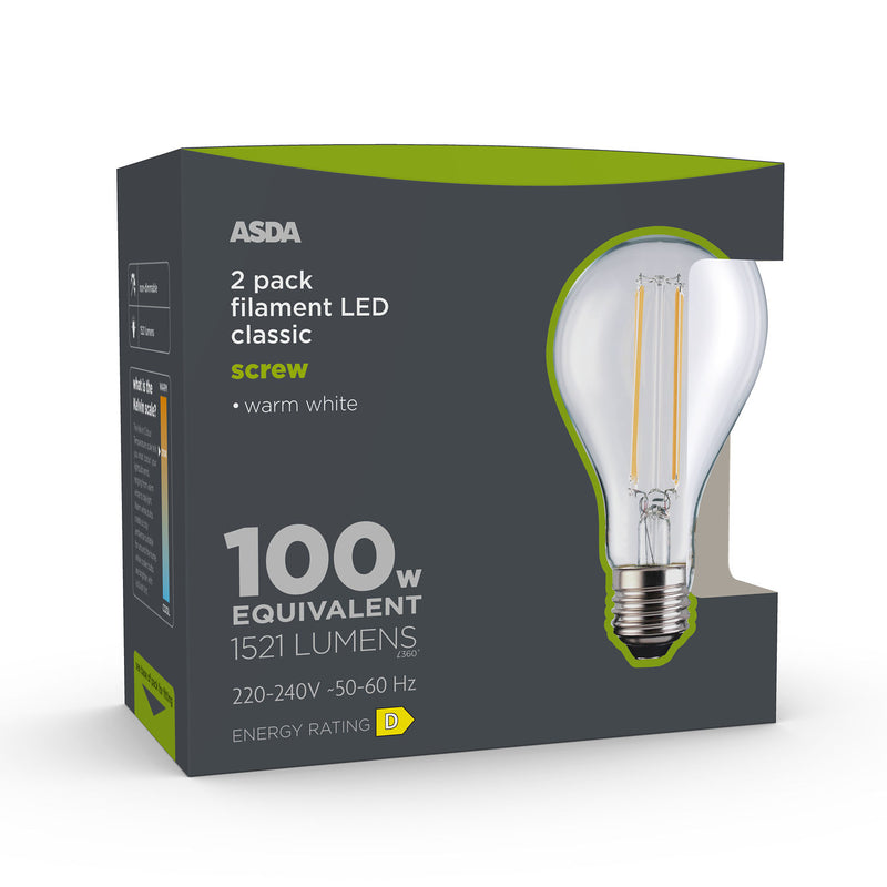 ASDA LED filament bulb warm white 100W 2-pack, UK version