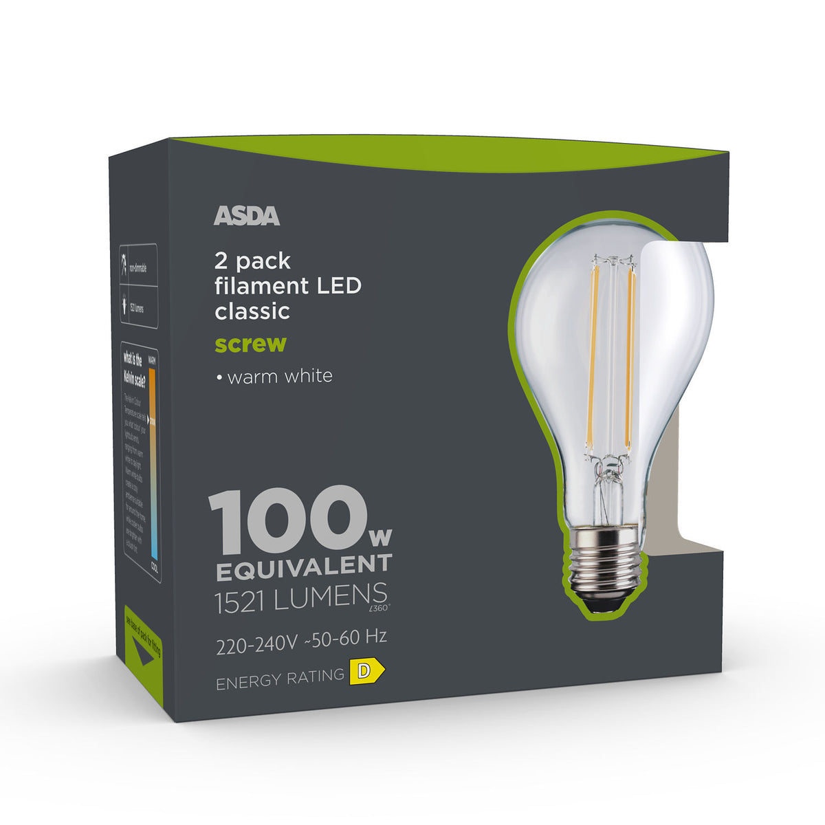 ASDA LED filament bulb warm white 100W 2-pack, UK version