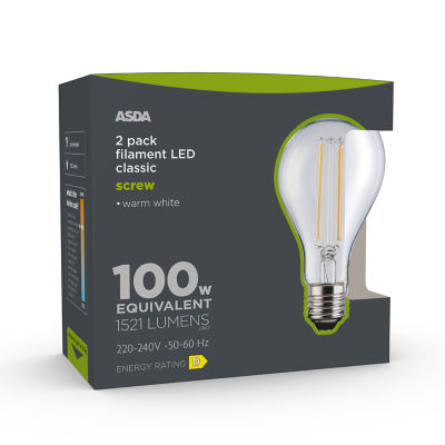 ASDA LED filament bulb warm white 100W 2-pack, UK version