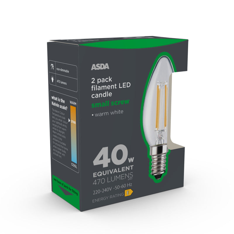ASDA LED filament candle bulb 2-pack warm white, UK version