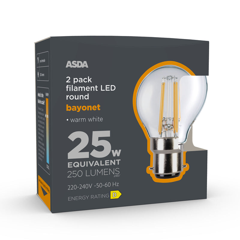 ASDA clear filament candle bulbs 2 pack warm white bayonet (British brand)