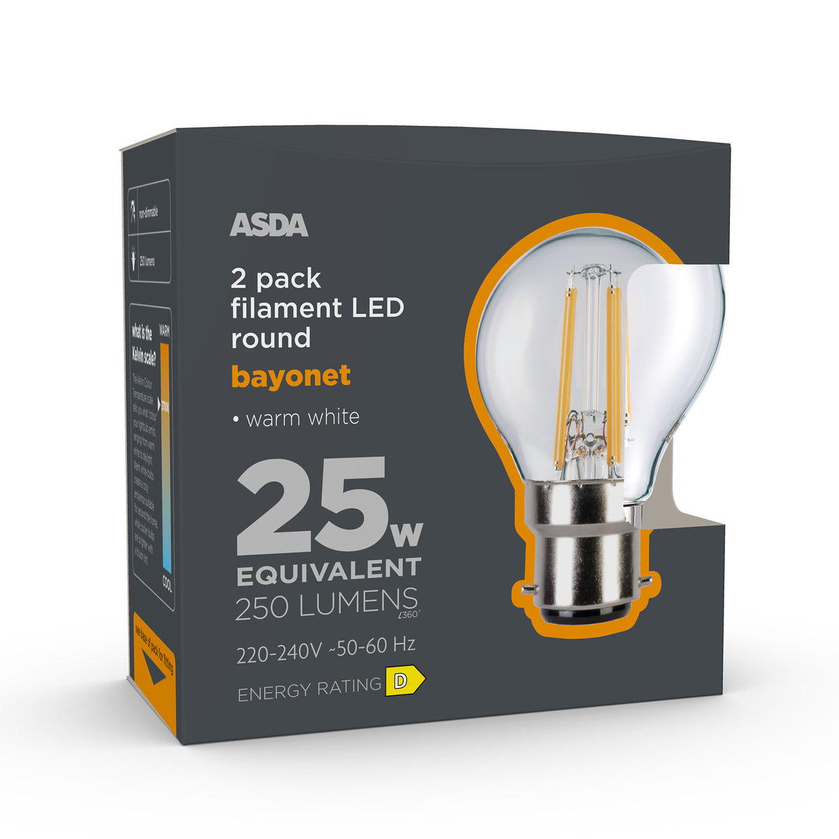 ASDA clear filament candle bulbs 2 pack warm white bayonet (British brand)