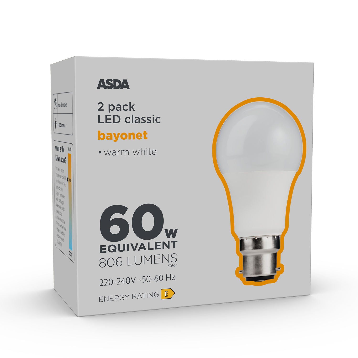 Asda LED Classic 60W bayonet lightbulb warm white, UK version