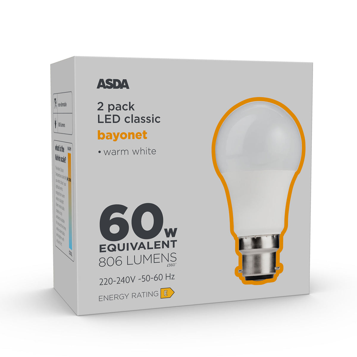 Asda LED Classic 60W bayonet lightbulb warm white, UK version