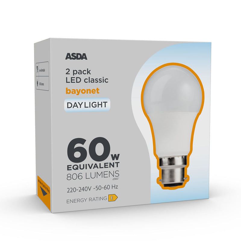 ASDA LED lightbulb daylight 60W equivalent bayonet 2 pack - British product