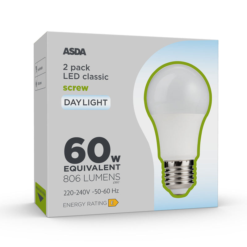 ASDA LED classic daylight bulb 60W equivalent 2 pack, imported from the UK