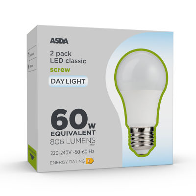 ASDA LED classic daylight bulb 60W equivalent 2 pack, imported from the UK