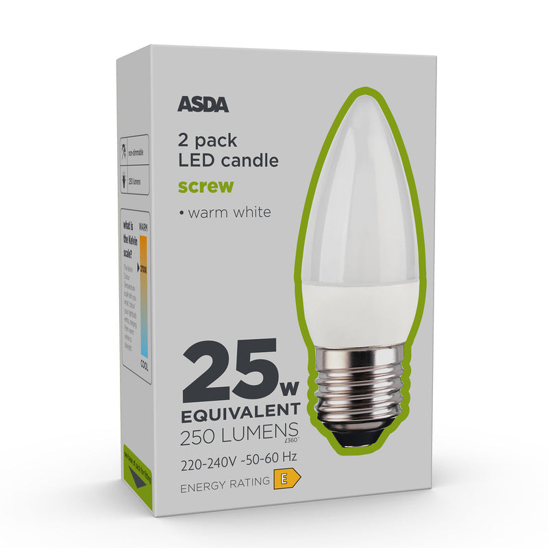 ASDA LED candle bulb warm white E27 2-pack (British brand)