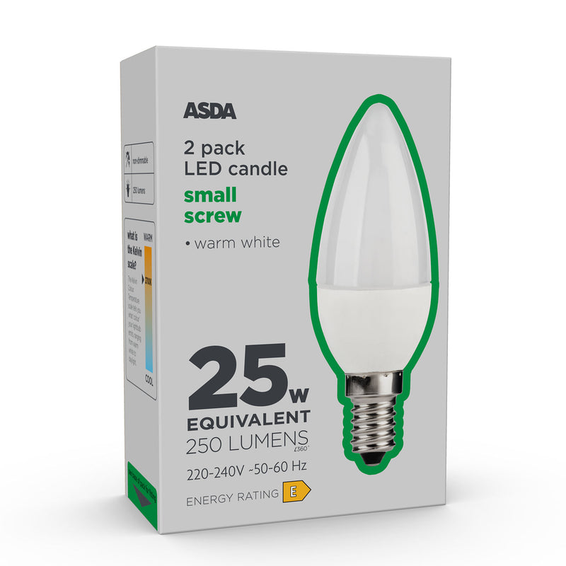 ASDA LED candle 25W 2 pack SES E14, imported from the UK