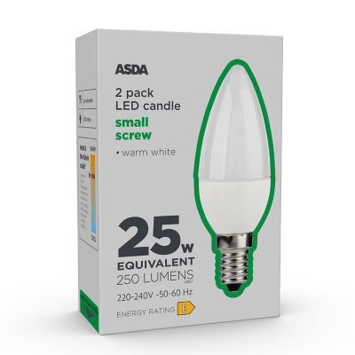 ASDA LED candle 25W 2 pack SES E14, imported from the UK