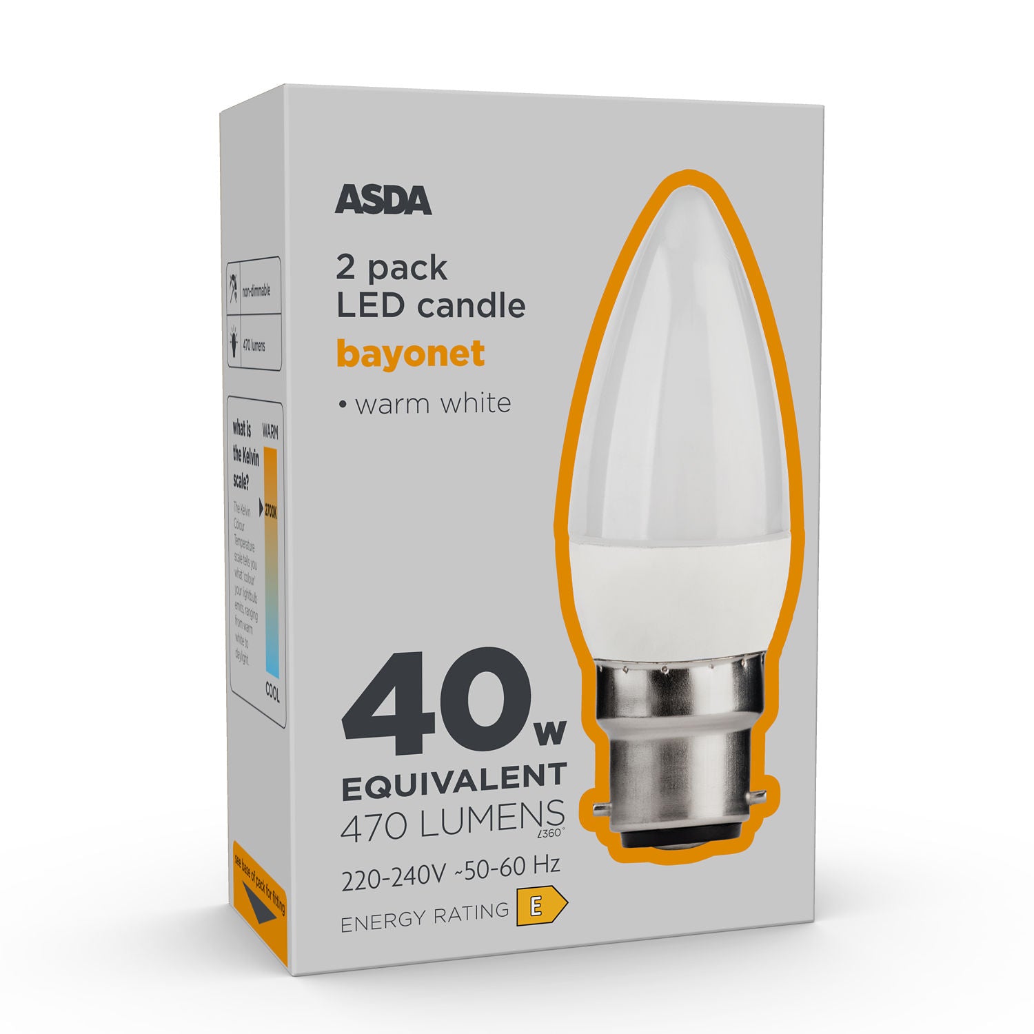 ASDA LED candle bulb 470-lumen 2-pack, imported from the UK