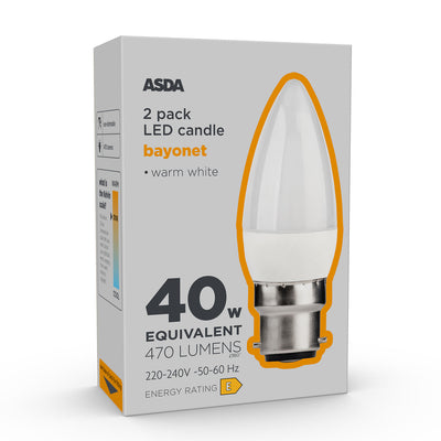 ASDA ASDA LED Classic Bayonet B22 Warm White 470 Lumens Non-Dimmable Light Bulb 2 Pack- Buy online at McGrocer