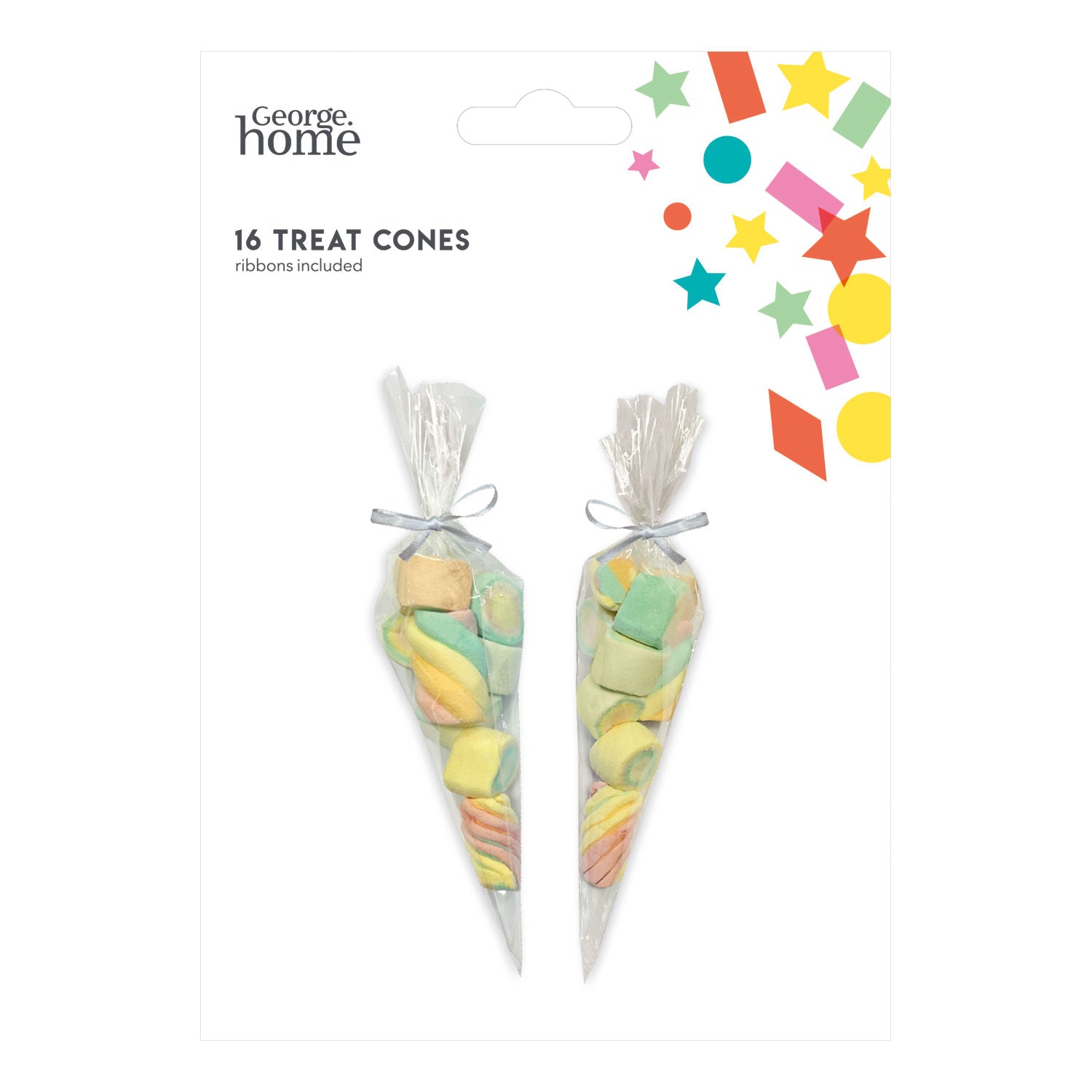 George Home clear treat cones 16pk with ribbons, imported from the UK