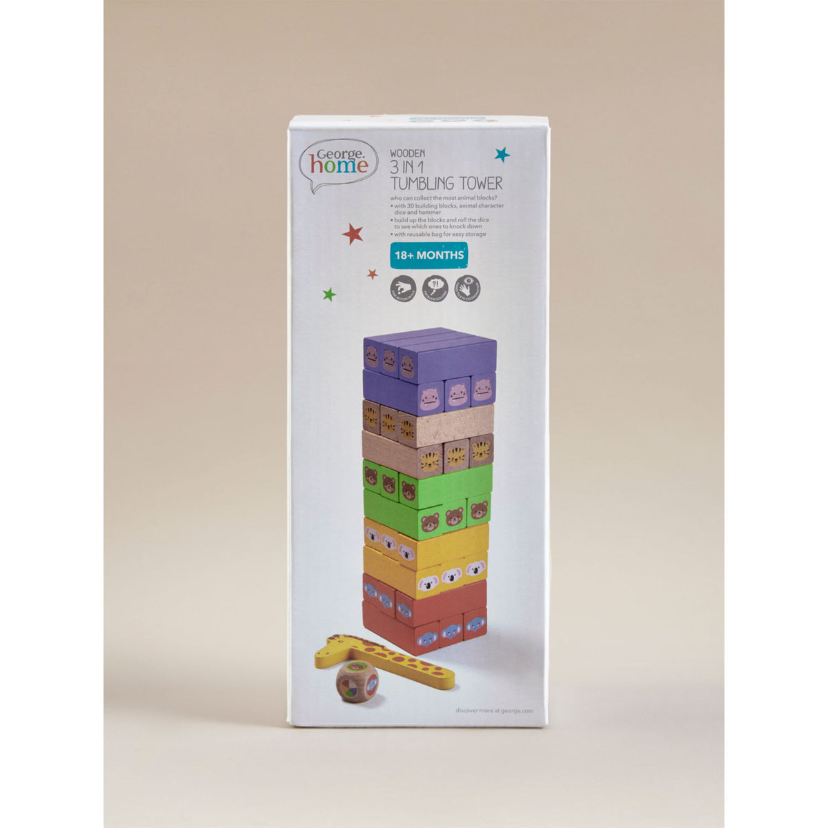 George Home wooden tumbling tower with multicoloured blocks 25cm, imported from the UK