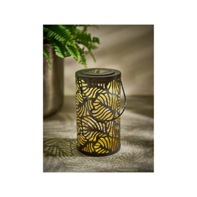 George Home gold-tone solar lantern with leaf print, imported from the UK
