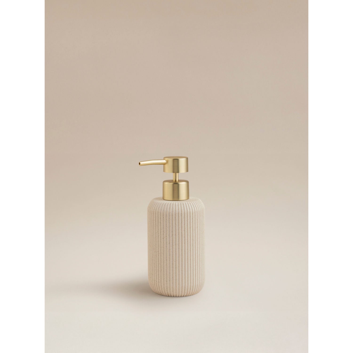 George Home natural sandstone ribbed soap dispenser, imported from the UK