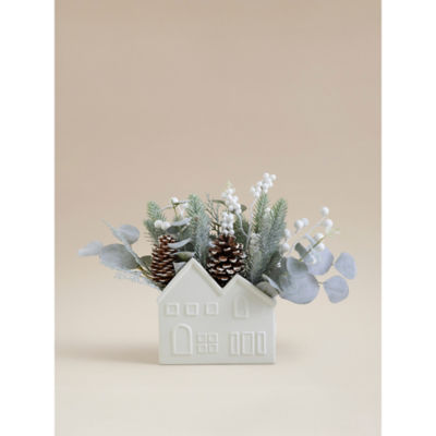 White ceramic house decoration with wintery artificial foliage 28cm (British brand)