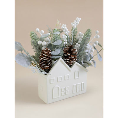 White ceramic house decoration with wintery artificial foliage 28cm (British brand)