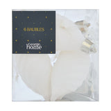 GH white flocked baubles 6 pack, imported from the UK