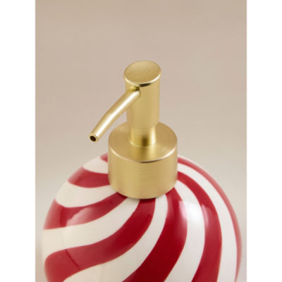 Red and white striped ceramic Christmas bauble soap dispenser, imported from the UK