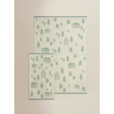 Green & White hand towel trees and houses design 50x90cm, UK version