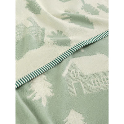 Green & White hand towel trees and houses design 50x90cm, UK version
