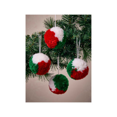 Pom-Pom Baubles set of 4 green white red faux fur UK version