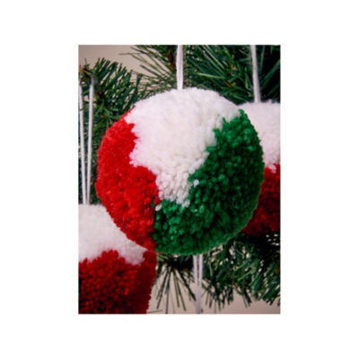 Pom-Pom Baubles set of 4 green white red faux fur UK version