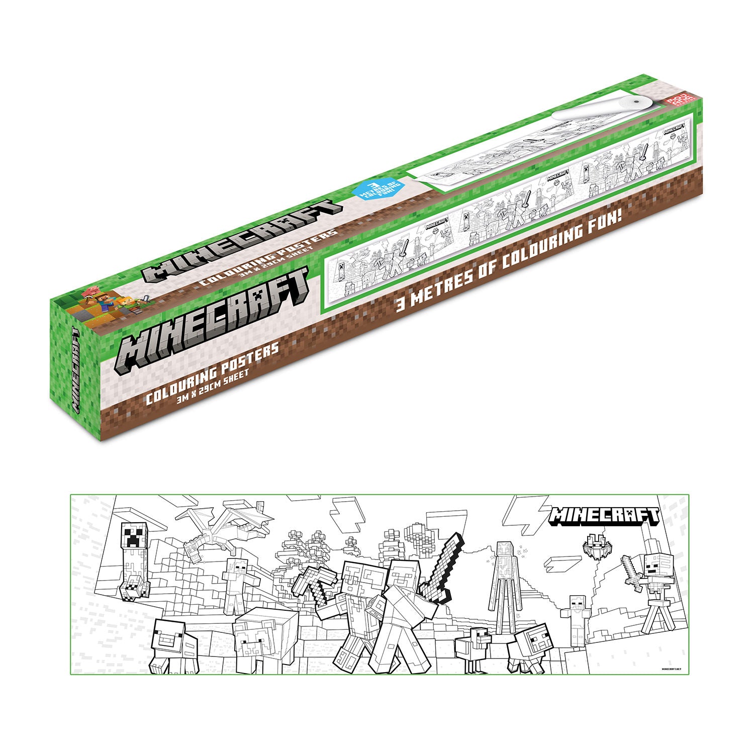 Minecraft colouring roll with action-packed scene, imported from the UK
