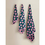 Cotton bath towel with green and pink hearts design - British product