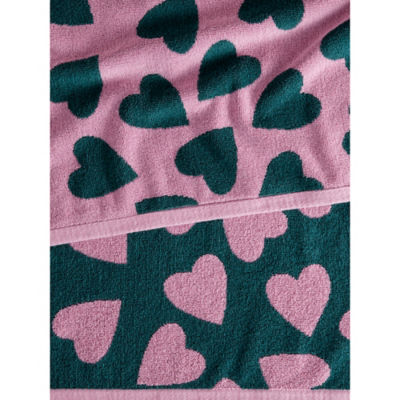 Cotton bath towel with green and pink hearts design - British product