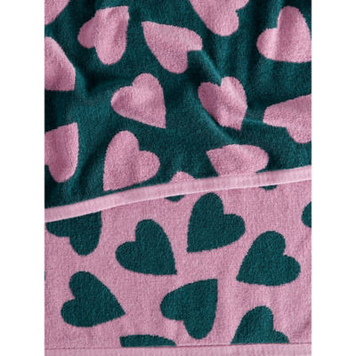Cotton bath towel with green and pink hearts design - British product