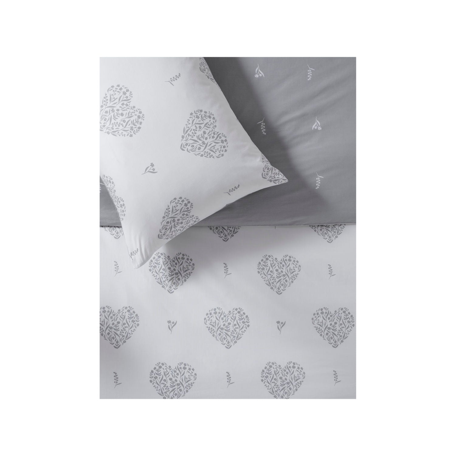 White Grey Ditsy Heart Duvet Set Super King Cotton Reversible, UK version
