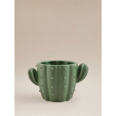 Green glazed ceramic cactus planter with drainage hole - British product