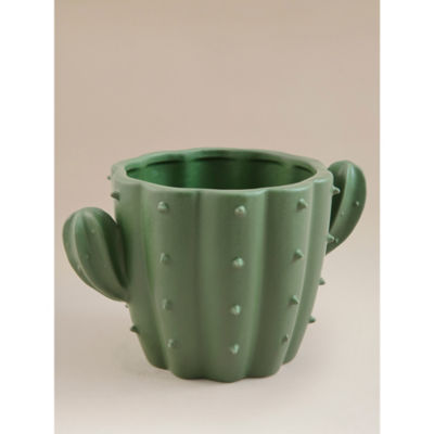 Green glazed ceramic cactus planter with drainage hole - British product