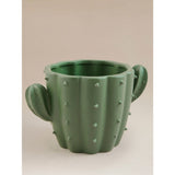 Green glazed ceramic cactus planter with drainage hole - British product