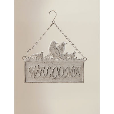 White hanging welcome sign, imported from the UK