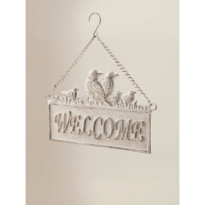 White hanging welcome sign, imported from the UK