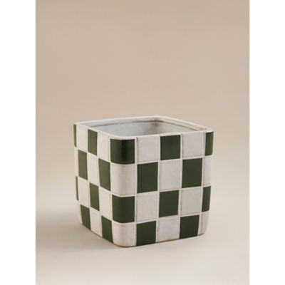 Ceramic planter green white check design 13cm, UK version
