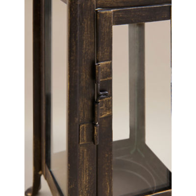 Brown rustic candle lantern with steel frame, UK version