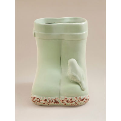 Green ceramic welly planter with bird decoration 13.5cm imported from the UK