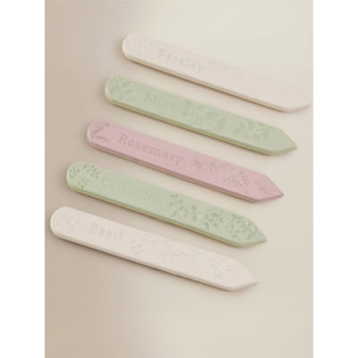 Ceramic plant labels set of 5 multicoloured herb designs, UK version
