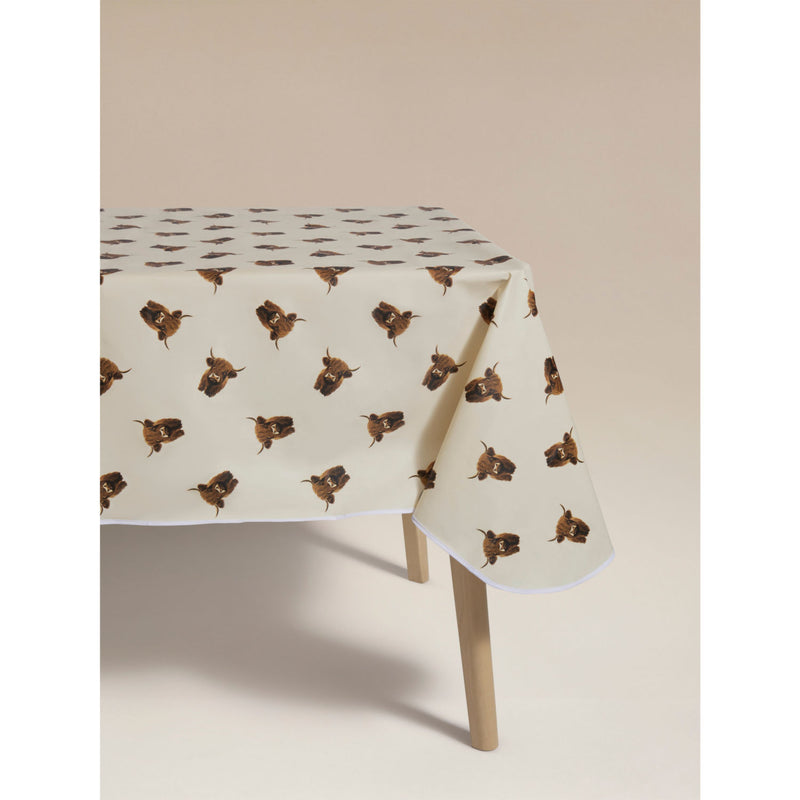 Highland cow wipeclean tablecloth in beige and white, imported from the UK