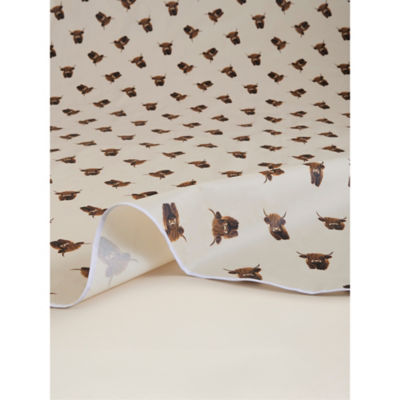 Highland cow wipeclean tablecloth in beige and white, imported from the UK
