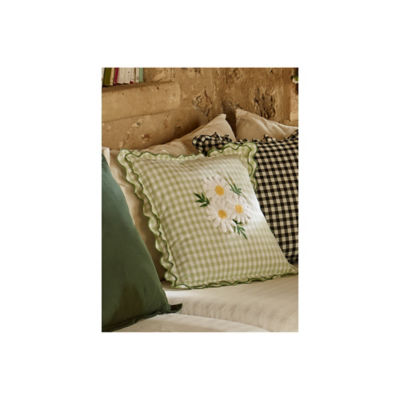 Green daisy embroidered gingham cushion 45x45cm, imported from the UK