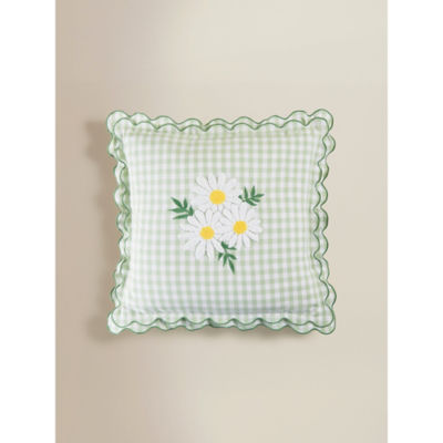 Green daisy embroidered gingham cushion 45x45cm, imported from the UK