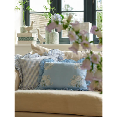 Stacey Solomon embroidered hydrangea ruffle cushion blue (British brand)